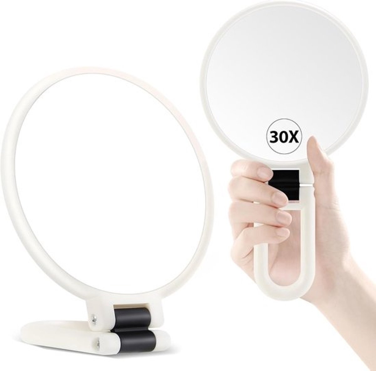 Make-upspiegel - Handspiegel - Vergrotingsspiegel 30X op Standaard - Dubbelzijdig met 30X en 1X - 360° Verstelbaar Handvat - Draagbare Reisspiegel voor Make-up - Witte Kleur
