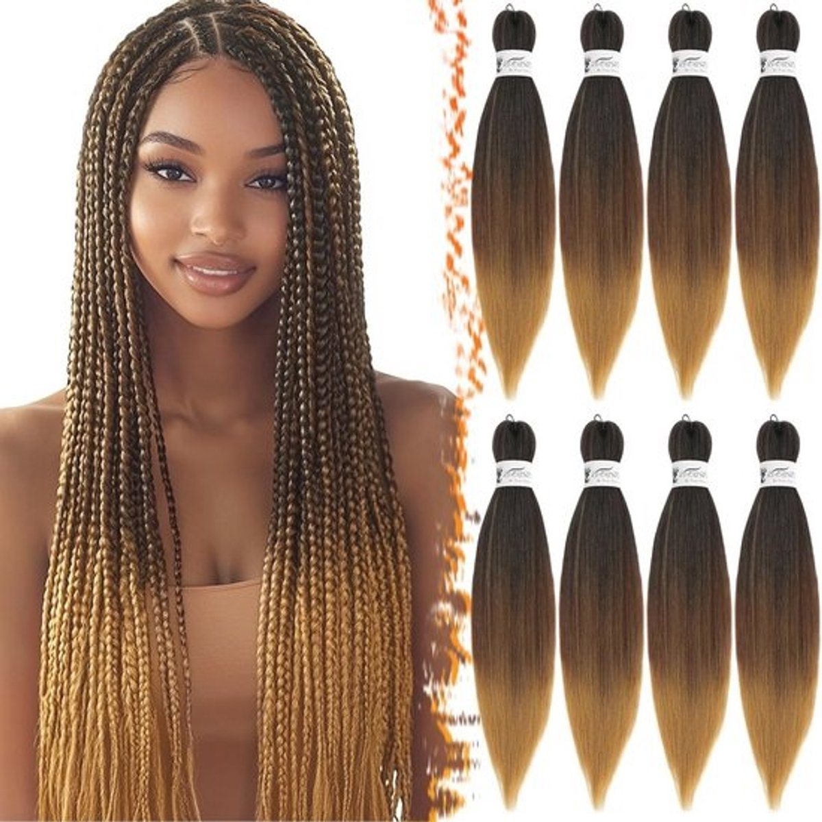 Voorgerekt Vlechthaar 66cm - 8 Pack Zwart Ombre Kastanjebruin tot Blond Vlechten Extensions - Synthetisch Gehaakt Yaki-textuur