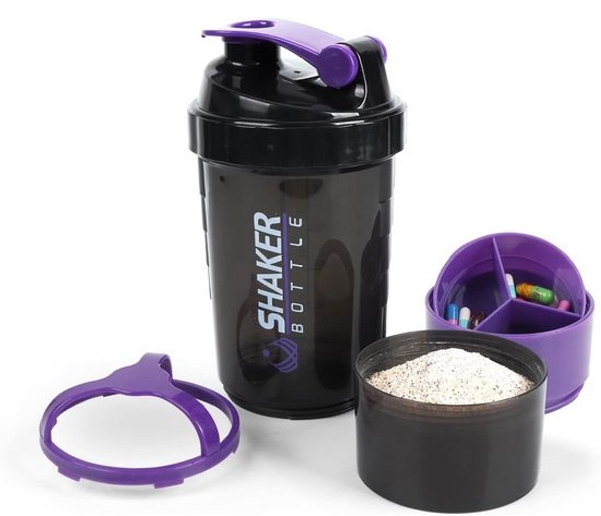 Shaker Beker 500ML met Opbergvakken - Lekvrije Eiwit Shaker Fles met Mixer voor Smooth Mixen