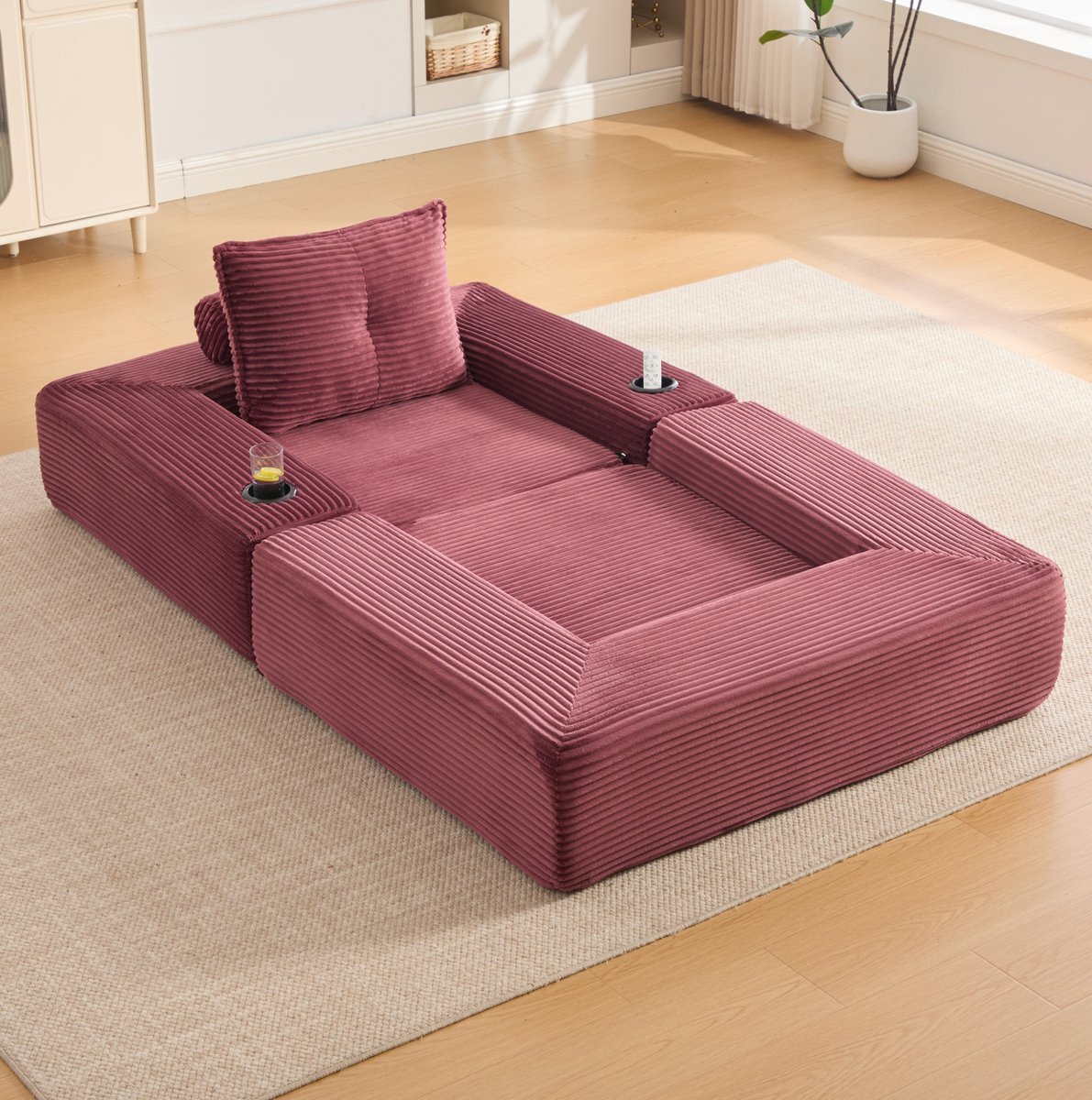 MODENUIT Slaapbank 122 cm - Uitklapbaar Met Zijvak En Bekerhouder - Woonkamer En Appartement - Corduroy - Bordeaux