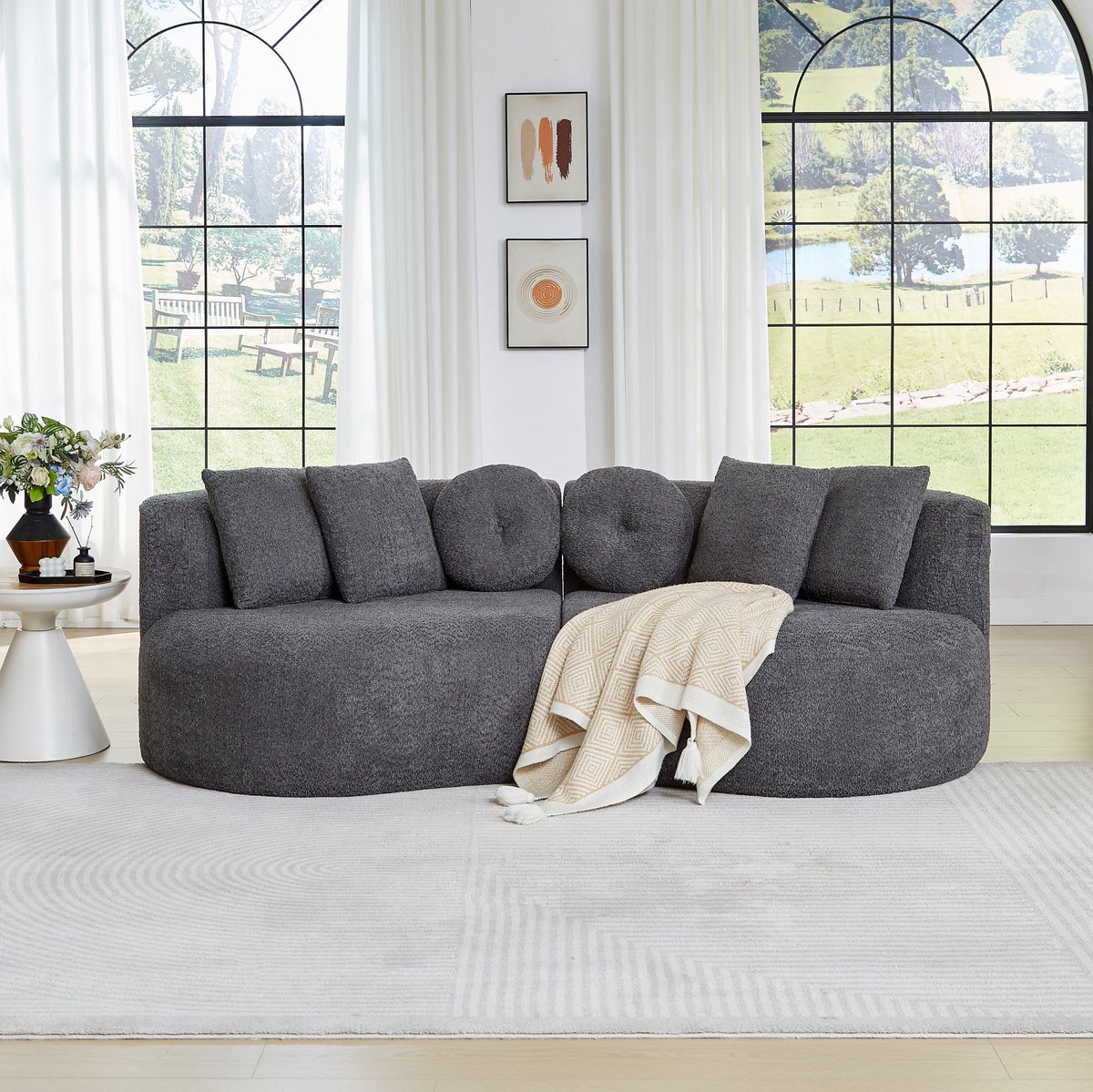 MODENUIT Sofa 3-Zits 223 Cm - Modulaire Cashewvorm - Voor Woonkamer En Speelkamer - Chenille - Antraciet