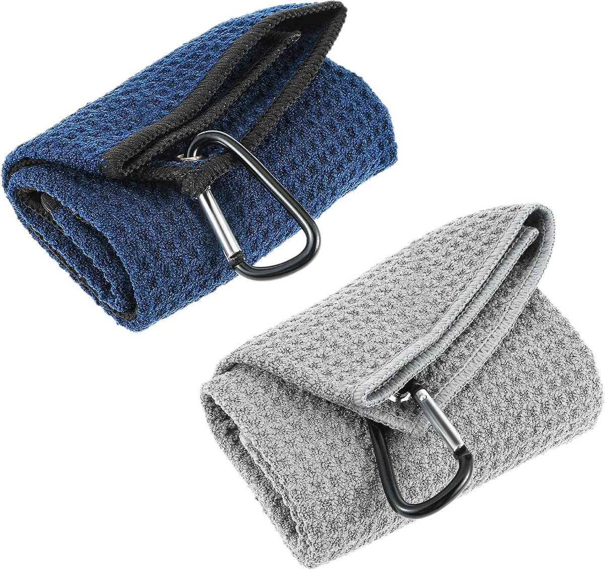 Set van 2 Triple Golf Handdoeken, 30x29cm Absorberende Microvezel Handdoeken met Wafelpatroon en Carabiner Clip voor Golf Tas (Grijs + Blauw) - Ideaal voor Golf, Sport en Schoonmaak