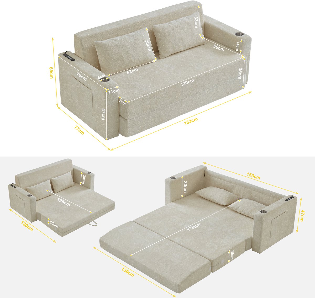 MODENUIT Slaapbank 2-Zits - 2-in-1 Opklapbaar Met USB En Opbergvakken - Woonkamer - Chenille Beige