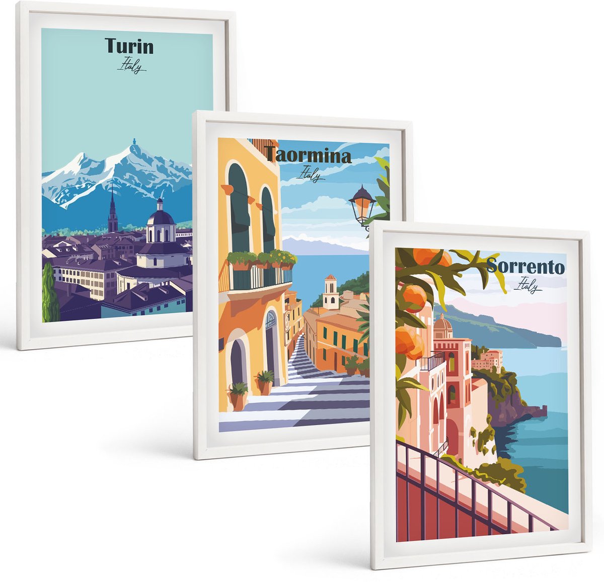Wallfluent 3-Delige Schilderij Set - Kleurrijke, Illustratieve Stadsgezichten In Retrostijl - 40 x 60 - Muurdecoratie - Decoratieve Schilderijen - Wohnzimmer - Interieur Decoratie