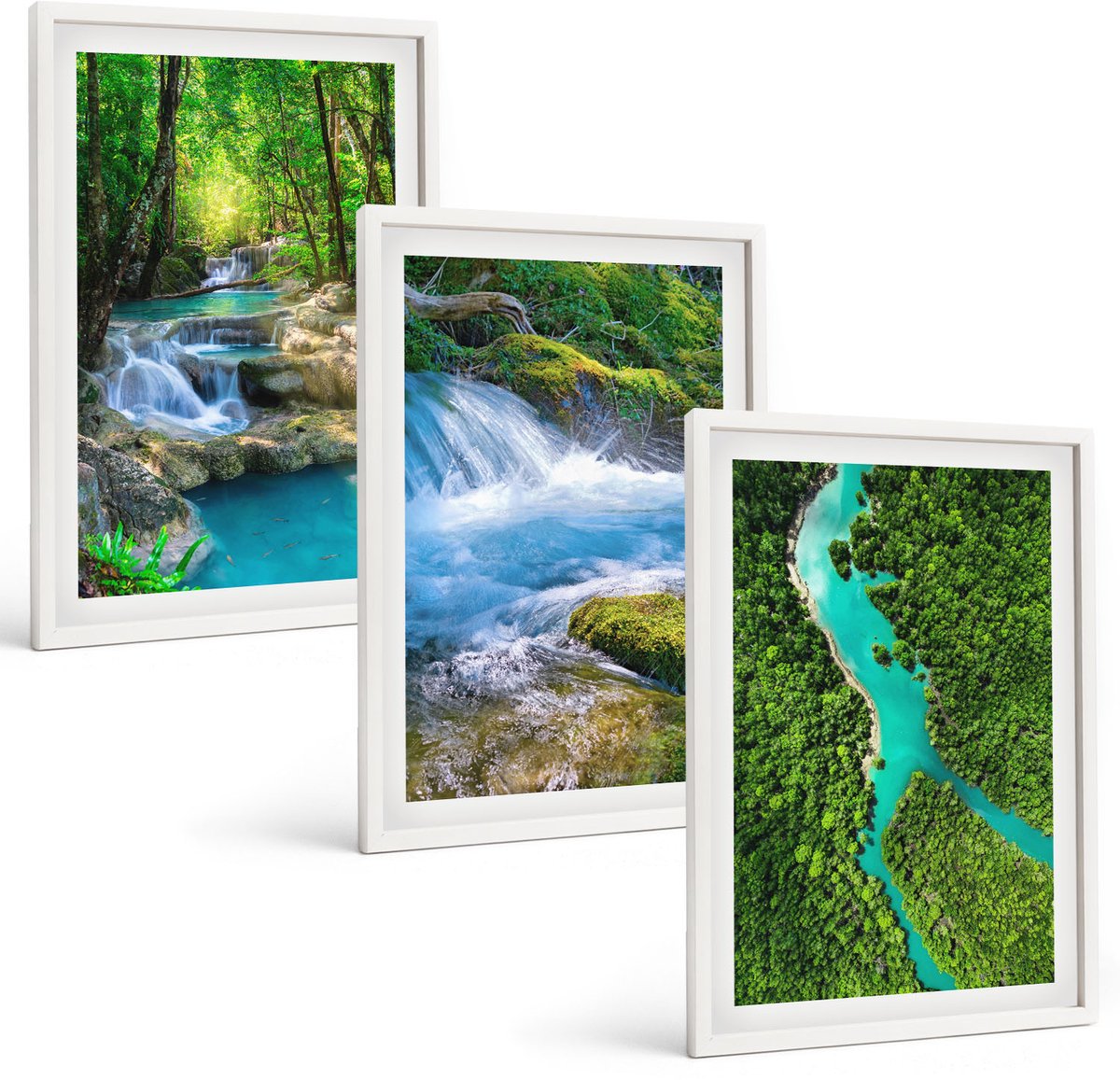 Wallfluent 3-Delige Schilderij Set - Groene Bossen En Kristalhelder Rivierwater - 40 x 60 - Decoratieve Muurdecoratie - Slaapkamer - Moderne Wanddecoratie
