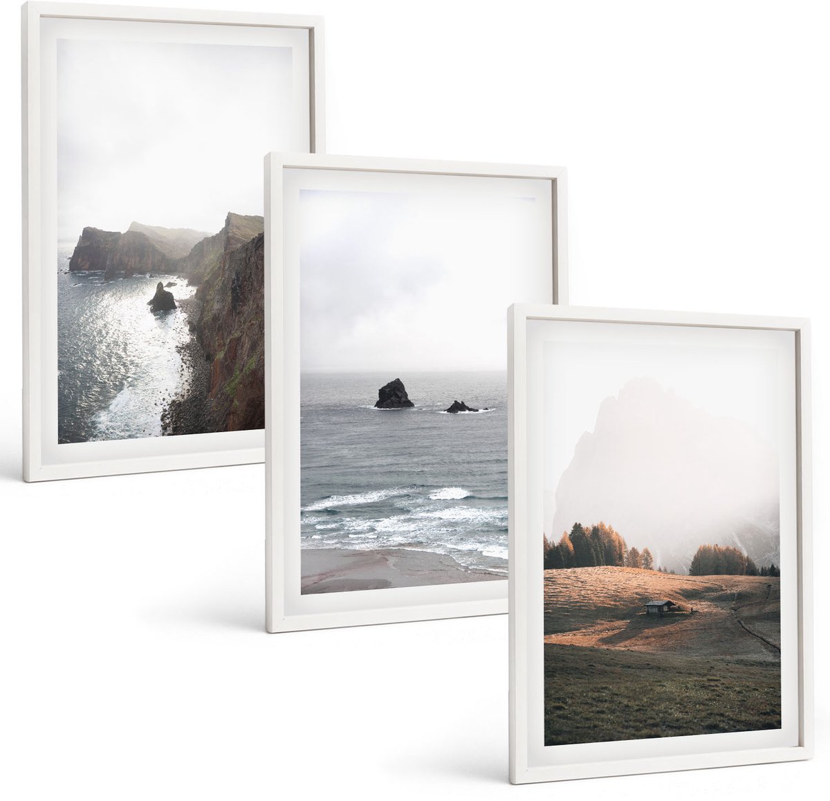 Wallfluent 3-Delige Schilderij Set - Berg- En Zeelandschappen Met Wolken En Bossen - 40 x 60 - Decoratieve Muurdecoratie - Slaapkamer - Stijlvolle Muurdecoratie