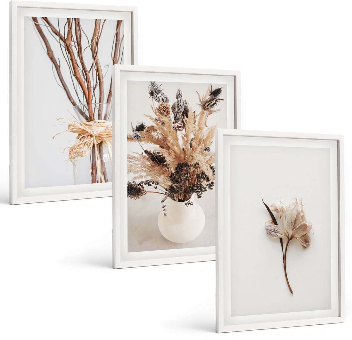Wallfluent 3-Delige Schilderij Set - Bloemen En Takken In Een Minimalistische, Natuurlijke Stijl. - 40 x 60 - Wanddecoratie - Schilderijen Set - Interieur - Muurdecoratie