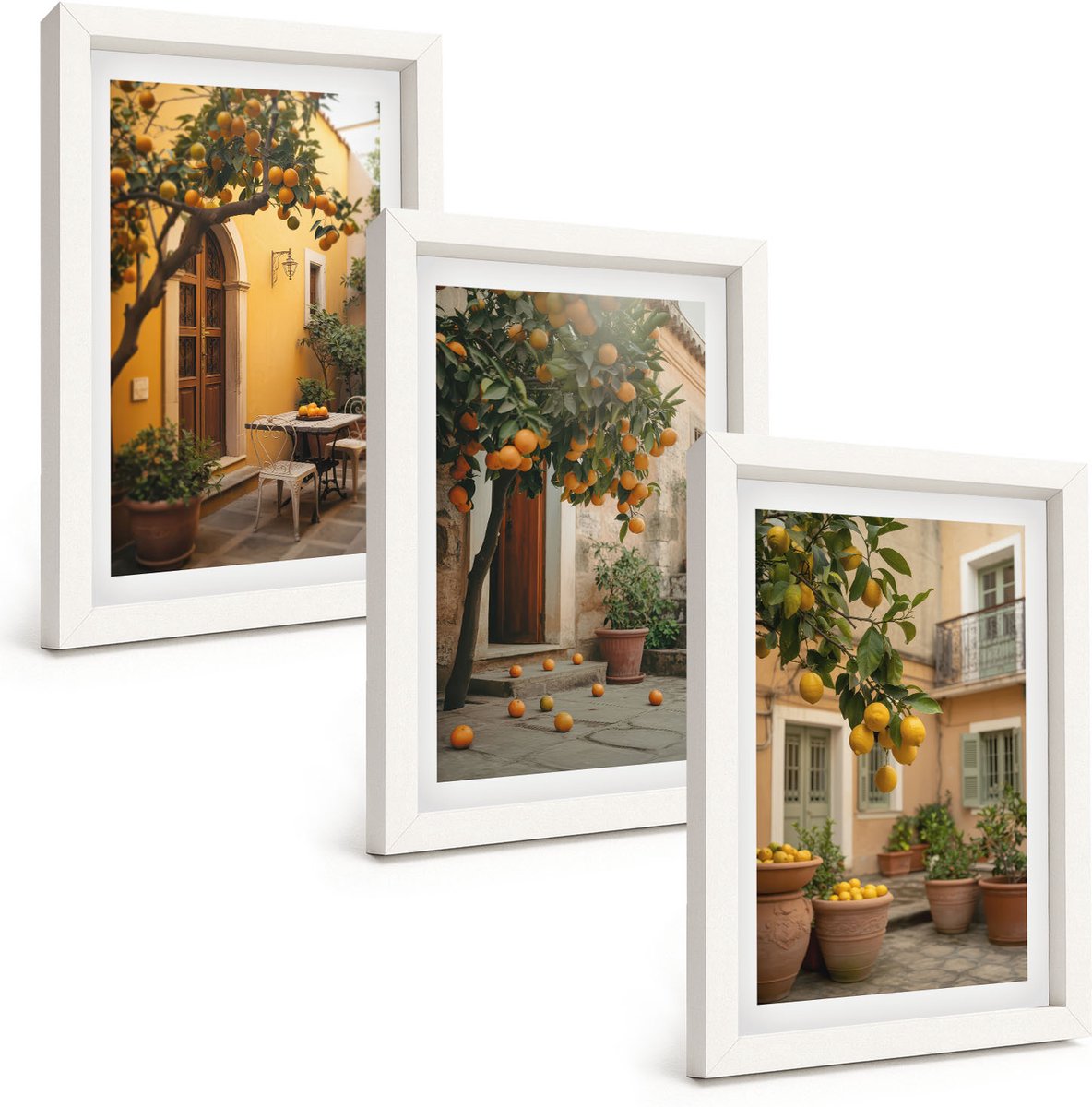 Wallfluent 3-Delige Schilderij Set - Tuin Met Citrusbomen Op Een Zonnige Locatie - 20 x 30 - Muurdecoratie - Schilderijen Set - Woonkamer - Woonkamer Decoratie