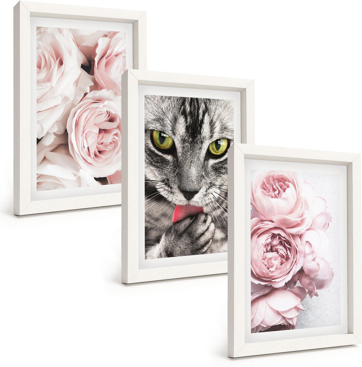 Wallfluent 3-Delige Schilderij Set - Kat Tussen Roze Rozen En Pioenrozen - 20 x 30 - Stijlvolle Muurdecoratie - Slaapkamer