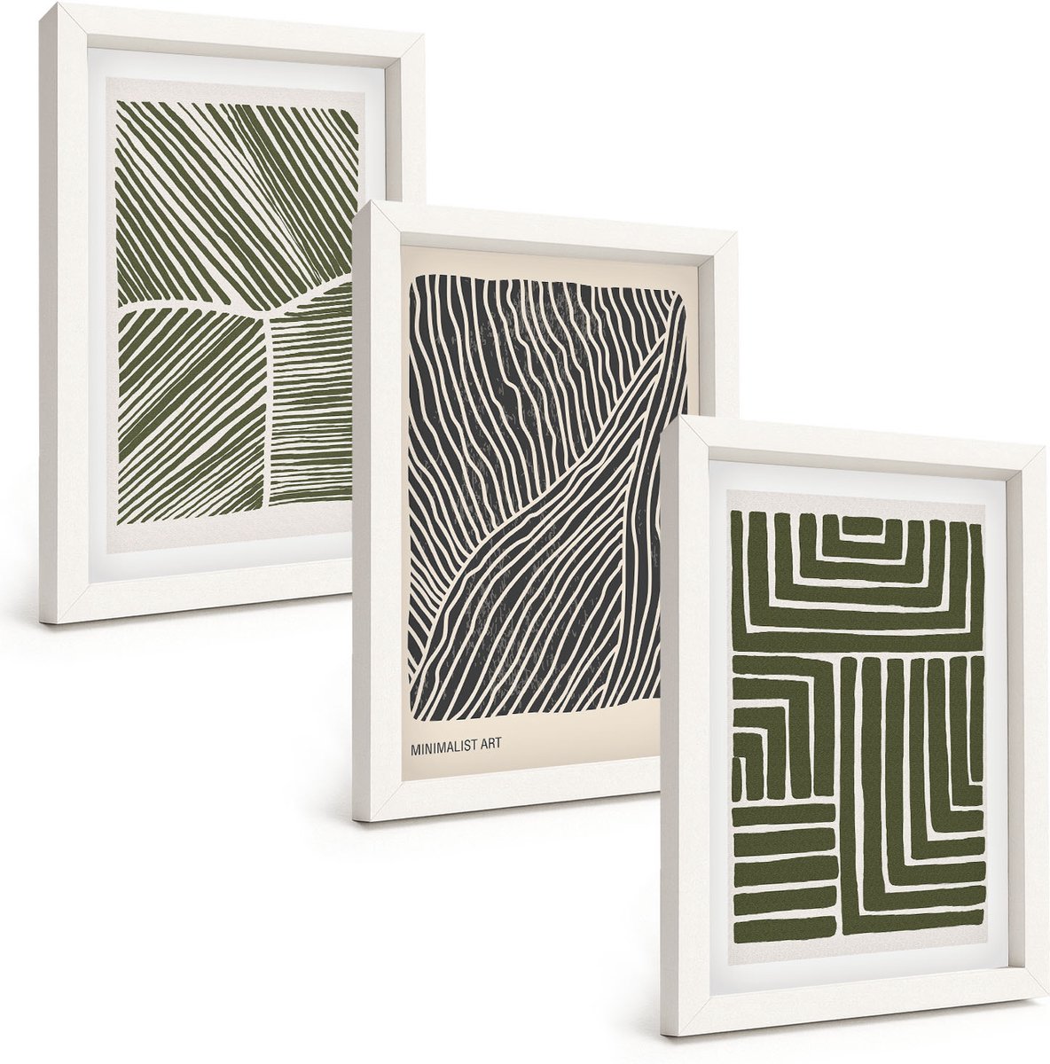Wallfluent 3-Delige Schilderij Set - Patronen Van Lijnen En Vormen In Groene Tinten - 20 x 30 - Schilderijen Set - Wanddecoratie - Woonkamer - Woonkamer Decoratie