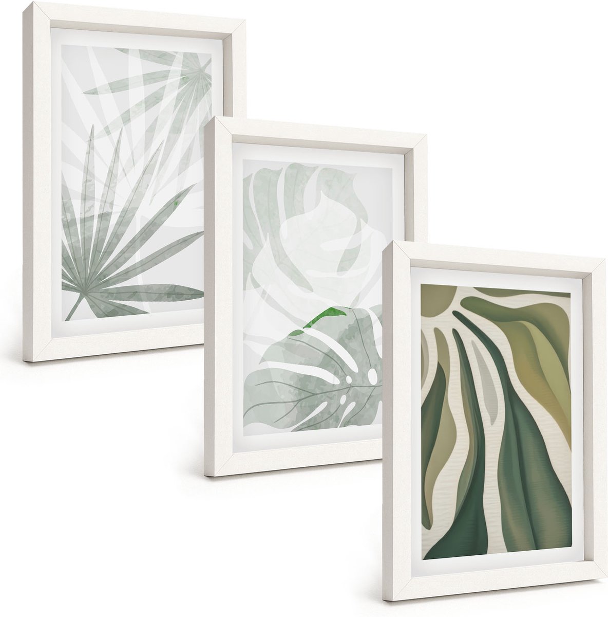 Wallfluent 3-Delige Schilderij Set - Plantenbladeren In Tinten Groen En Grijs - 20 x 30 - Wanddecoratie - Muurdecoratie - Moderne Interieurdecoratie - Decoratieve Schilderijen