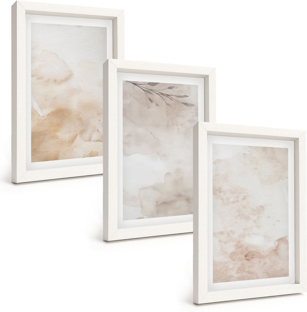 Wallfluent 3-Delige Schilderij Set - Aquarelvlekken En Bladeren In Pastelkleuren - 20 x 30 - Schilderijen Set - Wanddecoratie - Woonkamer - Stijlvolle Muurdecoratie
