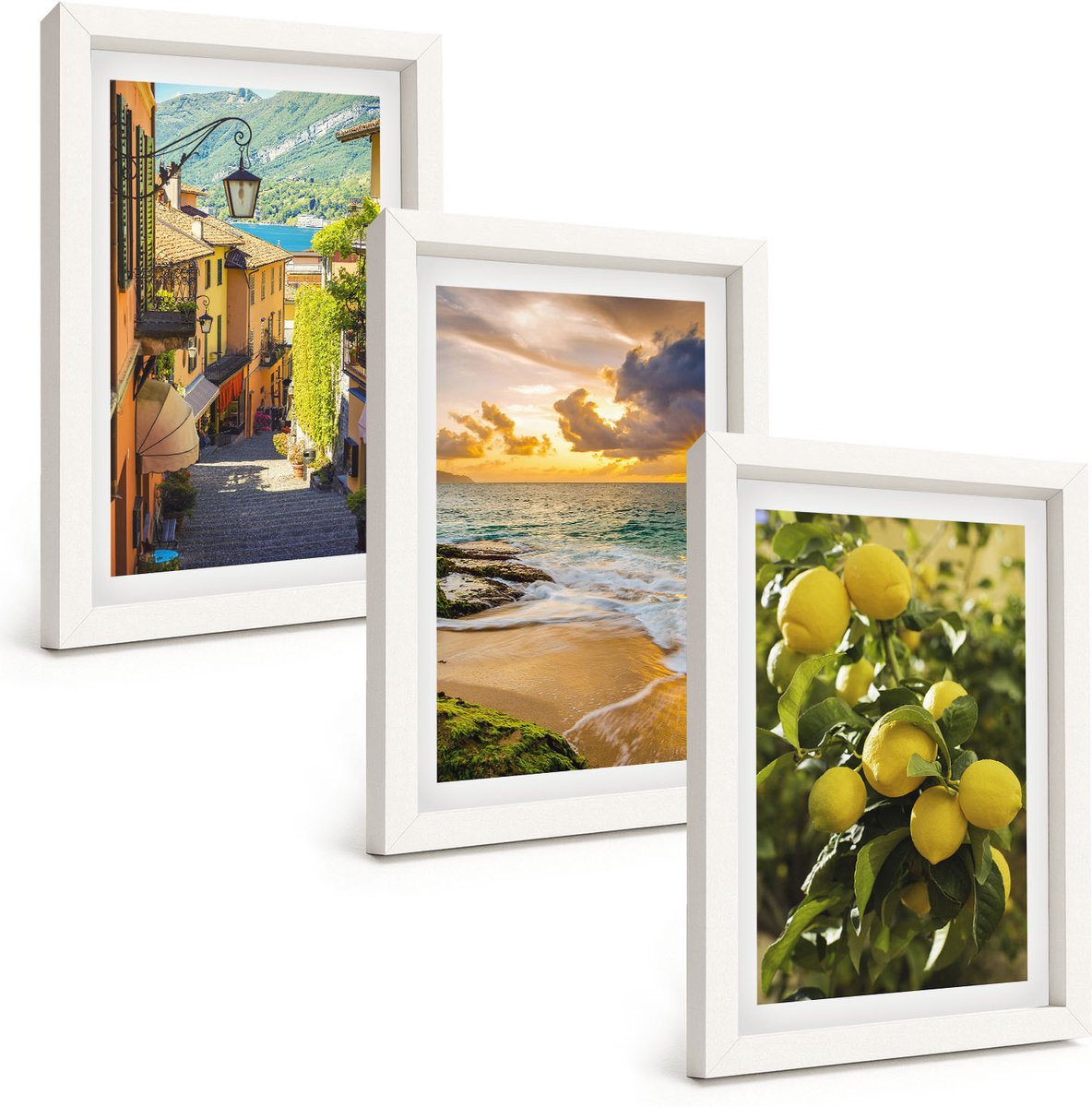 Wallfluent 3-Delige Schilderij Set - Schilderachtige Straatjes, Zee, Strand En Citrusbomen. - 20 x 30 - Decoratieve Schilderijen - Wanddecoratie - Hal - Moderne Wanddecoratie