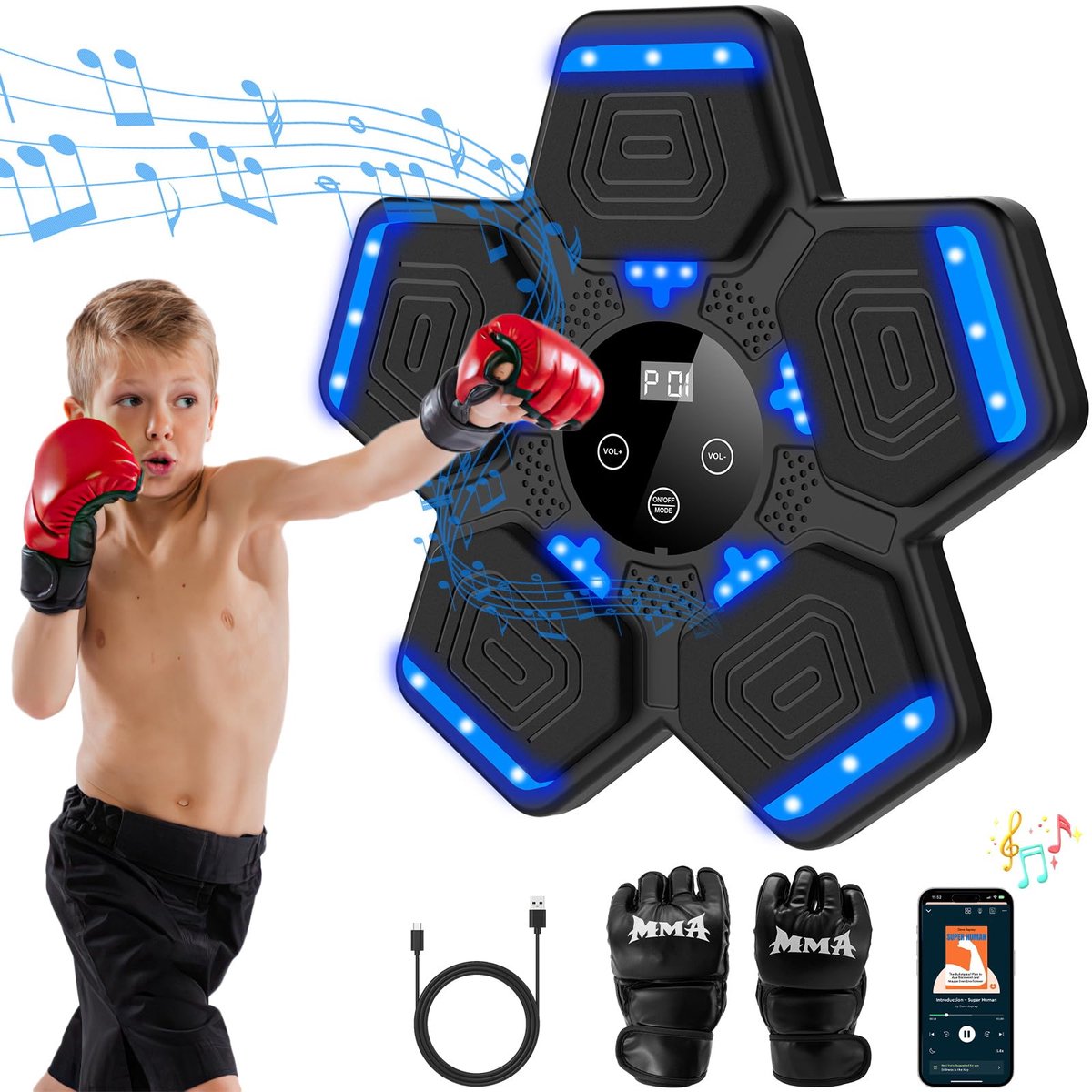 Boxing Machine - Boksmachine met Muziek - Incl. Bokshandschoenen - Bokszak - Music Boxmachine - Boksen en Trainen - met Muziek, Licht & 9 Snelheidsstanden