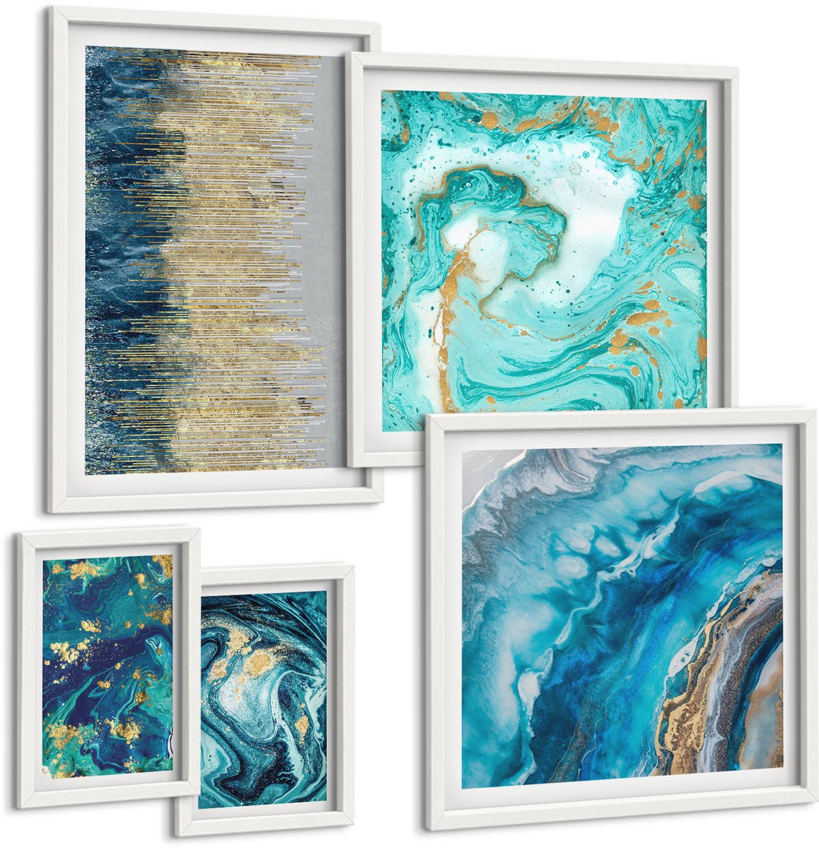 Wallfluent 5-Delige Schilderij Set - Abstracte Composities In Blauw- En Groentinten. - 50 x 50 cm, 20 x 30 cm En 40 x 60 cm - Moderne Wanddecoratie - Slaapkamer - Interieur Decoratie