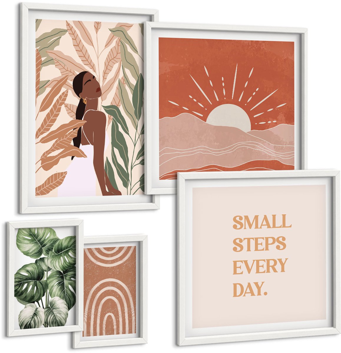 Wallfluent 5-Delige Schilderij Set - Boho-Stijl Met Een Plantenmotief En Positieve Slogans. - 50 x 50 cm, 20 x 30 cm En 40 x 60 cm - Decoratieve Schilderijen - Wanddecoratie - Hal - Stijlvolle Muurdecoratie