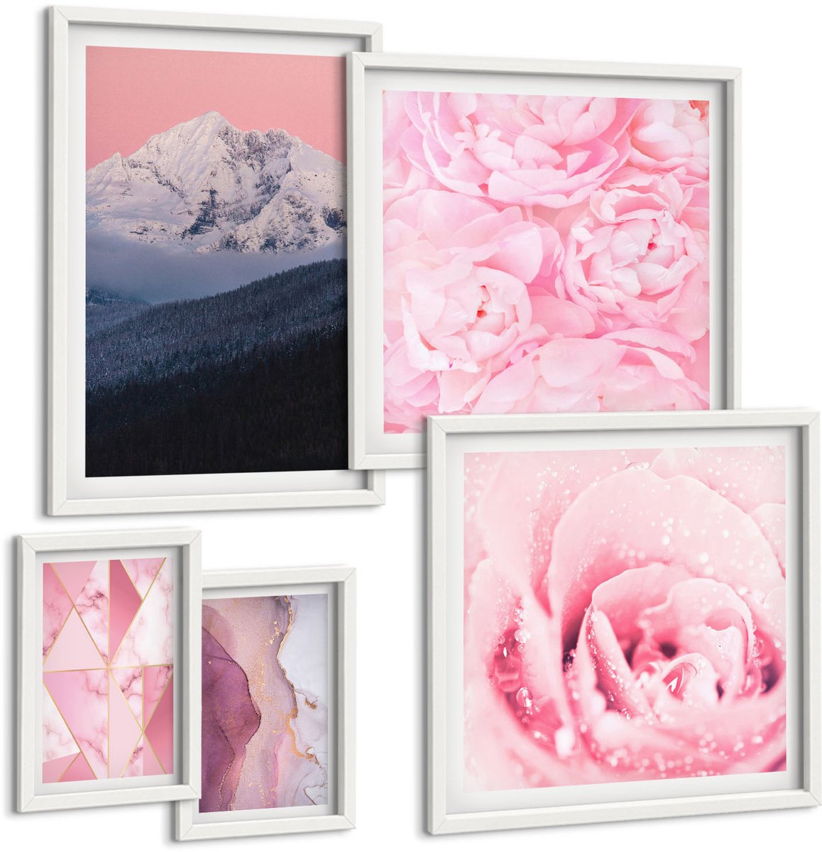 Wallfluent 5-Delige Schilderij Set - Roze Landschappen En Bloemen In Een Moderne Stijl - 50 x 50 cm, 20 x 30 cm En 40 x 60 cm - Schilderijen Set - Wanddecoratie - Woonkamer - Moderne Wanddecoratie