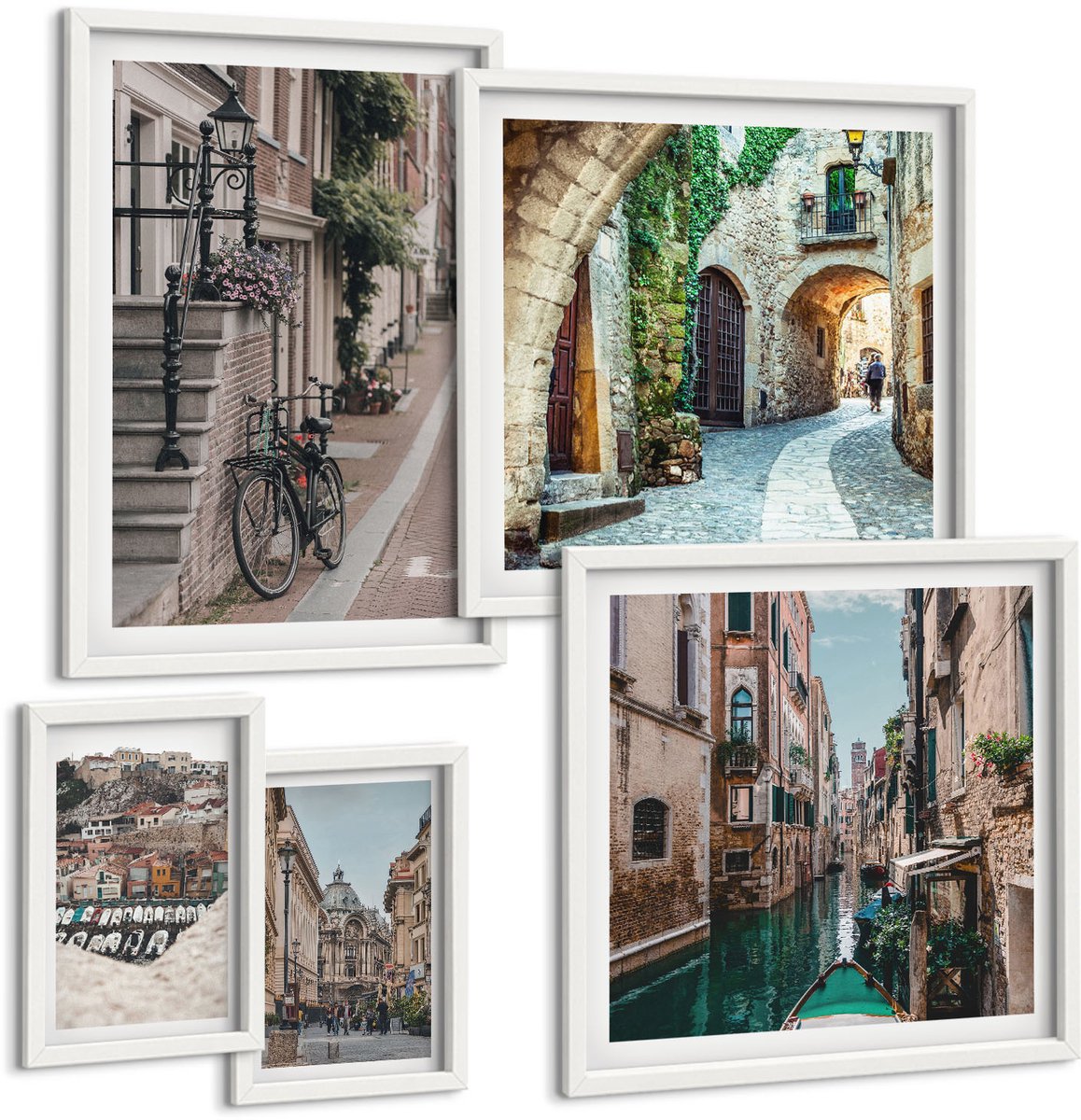 Wallfluent 5-Delige Schilderij Set - Charmante Straten Van Europese Steden Met Fietsen En Kanalen - 50 x 50 cm, 20 x 30 cm En 40 x 60 cm - Wanddecoratie - Schilderijen Set - Interieur - Moderne Wanddecoratie