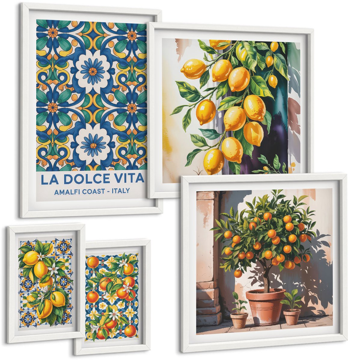 Wallfluent 5-Delige Schilderij Set - Italiaanse Citrusvruchten In Amalfi-Stijl, Kleurrijke Decoraties - 50 x 50 cm, 20 x 30 cm En 40 x 60 cm - Wanddecoratie - Schilderijen Set - Interieur