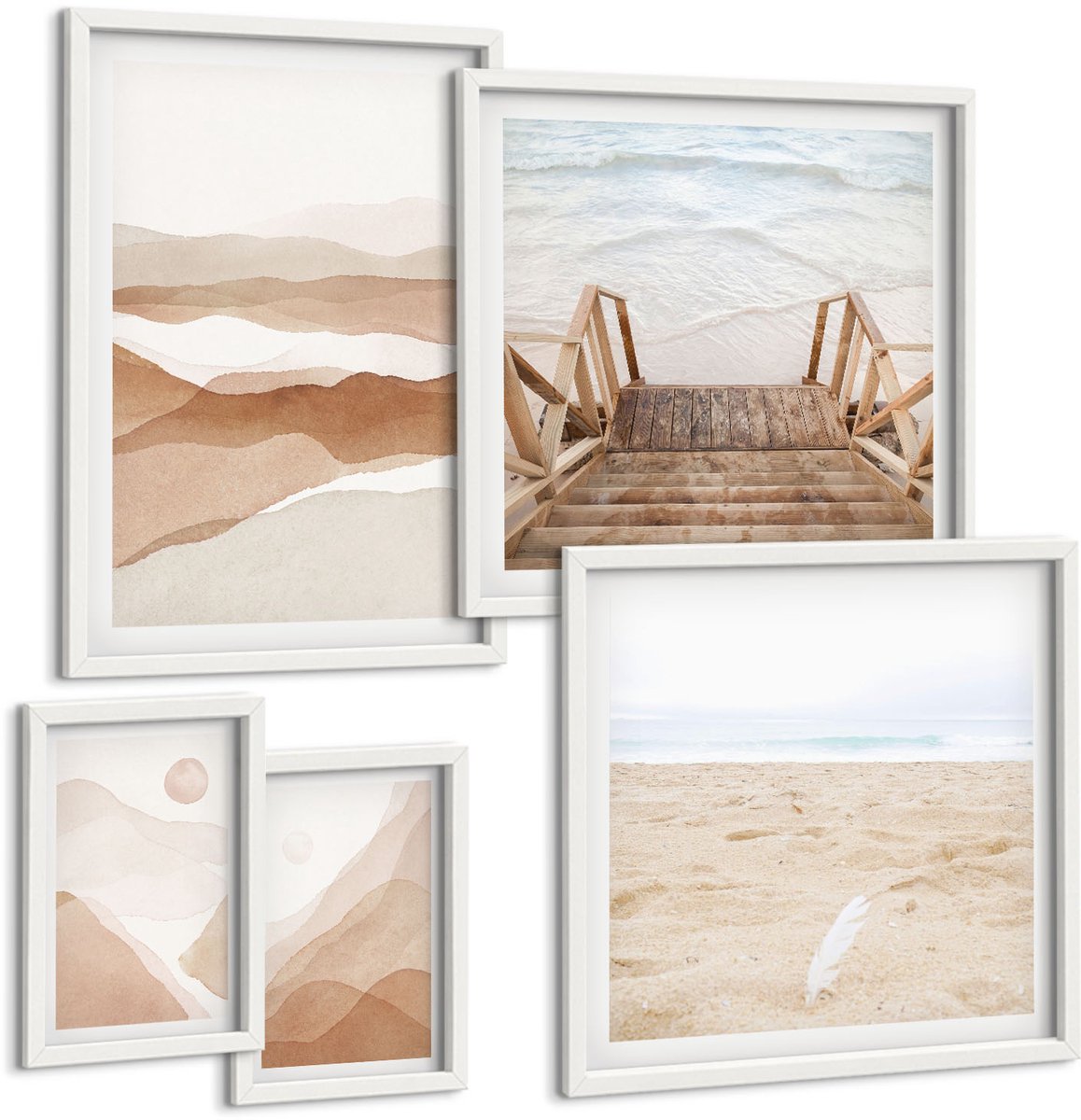 Wallfluent 5-Delige Schilderij Set - Minimalistische Strand- En Berglandschappen In Natuurlijke Tinten. - 50 x 50 cm, 20 x 30 cm En 40 x 60 cm - Muurdecoratie - Wanddecoratie - Slaapkamer - Interieur Decoratie