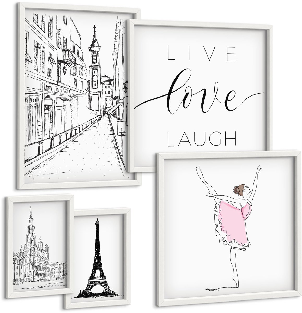 Wallfluent 5-Delige Schilderij Set - Stijlvolle Inspiratie Met Parijse Accenten En Citaten - 50 x 50 cm, 20 x 30 cm En 40 x 60 cm - Muurdecoratie - Wanddecoratie - Slaapkamer - Stijlvolle Muurdecoratie