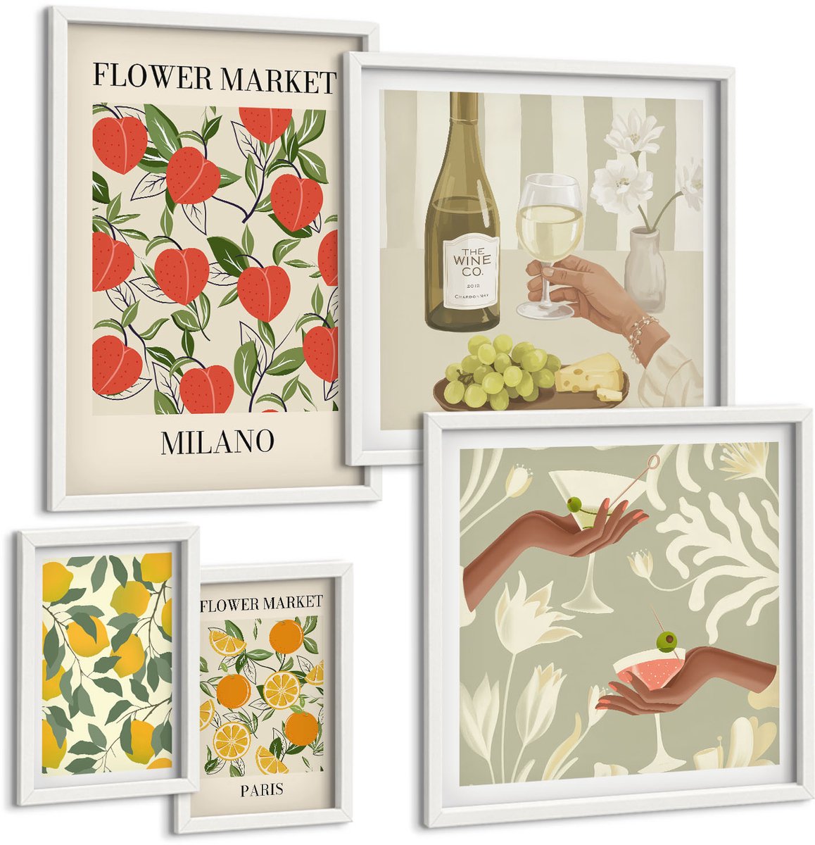 Wallfluent 5-Delige Schilderij Set - Vintage Fruit- En Bloemenbeurzen Uit Europese Steden - 50 x 50 cm, 20 x 30 cm En 40 x 60 cm - Moderne Wanddecoratie - Slaapkamer