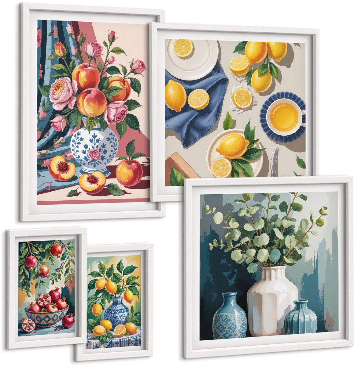Wallfluent 5-Delige Schilderij Set - Bloemen- En Fruitcomposities In Vintage Stijl - 50 x 50 cm, 20 x 30 cm En 40 x 60 cm - Decoratieve Schilderijen - Woonkamer - Interieur