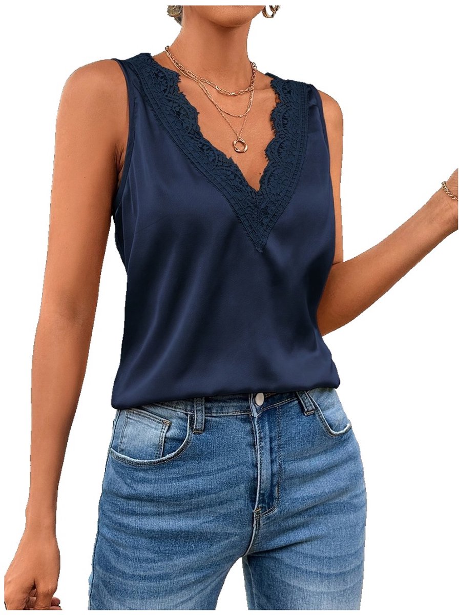 Currero Top Met Kant Dames - Topje - Kleding - Shirt - Blouse - Kort - Volwassen - Marineblauw