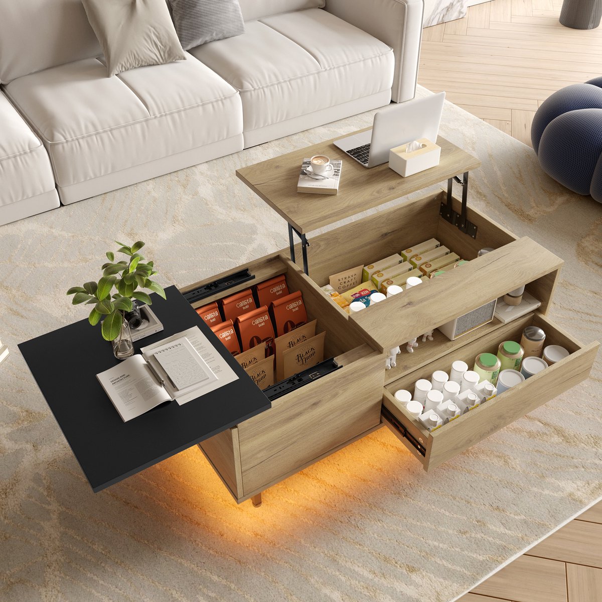 REDOM - Salontafel - Hoogte verstelbaar - Lift-top met opbergruimte, lade, open vakken en verborgen vak - LED verlichting - Modern - Woonkamer - Hout en metaal - Naturel - 106,5 x 50 x 27,5 cm