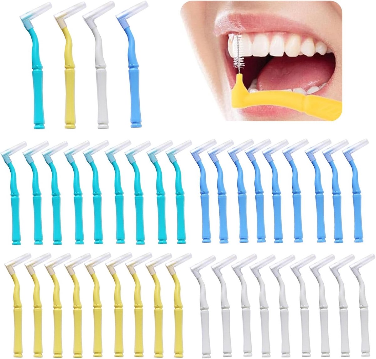 Kleurige L-vormige tandenborstels, 40 stuks, met antislip handvat voor effectieve interdentale reiniging en mondgezondheid