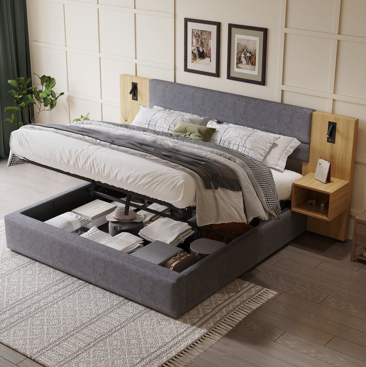 REDOM - Bed - Hydraulische opbergruimte - Inclusief 2 nachtkastjes - USB-A en USB-C met verlichting - Fluwelen bekleding - Hout en stof - Grijs en Natuurlijk - 243,5 x 205 cm