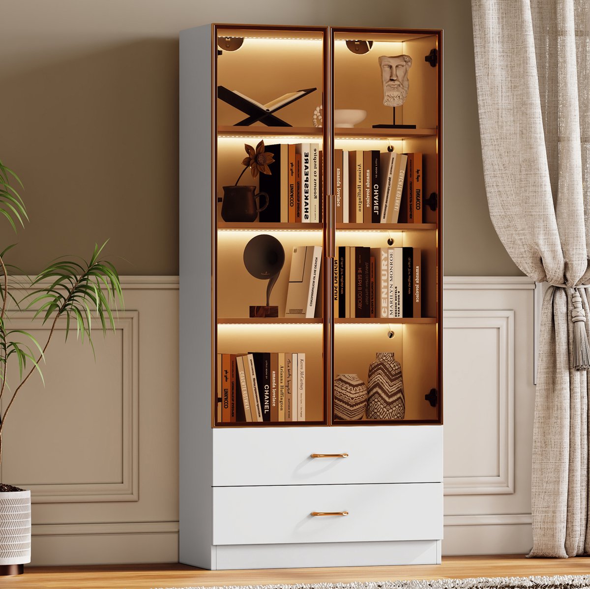 REDOM - Badkamerkast - met 2 deuren en 2 lades - glazen deur - met lichtstrip - modern - badkamer - MDF en gehard glas - Wit - 75 x 34,5 x 170 cm