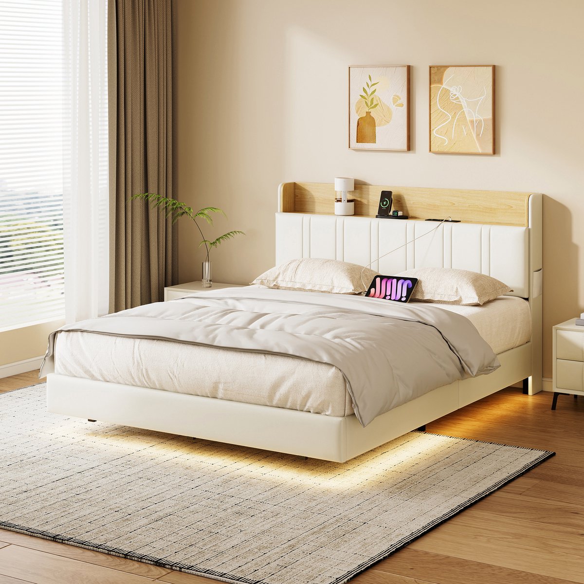 Tweepersoonsbed 160x200 met LED- en USB-aansluiting, lattenbodem, zwevend frame met lattenbodem en opbergruimte in het hoofdeinde, 2-persoonsbed voor volwassenen en tieners (PU Wit)