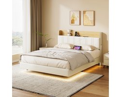 Tweepersoonsbed 160x200 met LED- en USB-aansluiting, lattenbodem, zwevend frame met lattenbodem en opbergruimte in het hoofdeinde, 2-persoonsbed voor volwassenen en tieners (PU Wit)