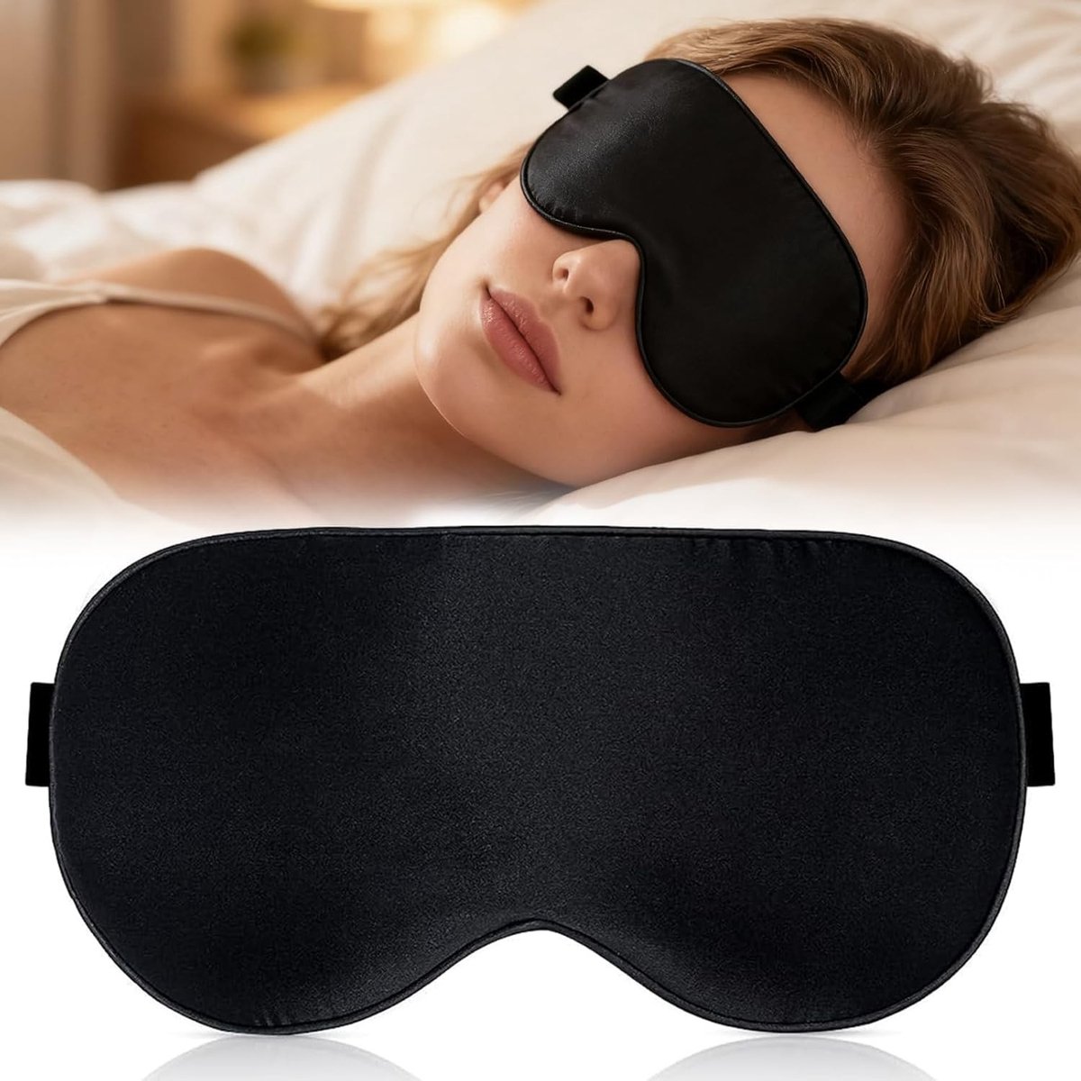 Luxe zijden slaapmasker voor zijslapers, ademend en lichtblokkerend oogmasker met verstelbare band, ideaal voor comfort tijdens het slapen, zwart
