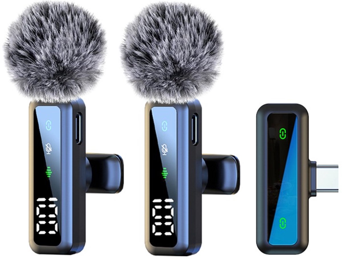 Dubbele draadloze lavalier microfoon met Type-C interface - Digitaal display, ruisonderdrukking