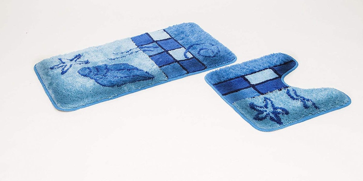 Famanu – Badmat set van 2 delen in blauw, met uitsparing en antislip, WC-mat 50 x 45 cm en badmat 50 x 90 cm