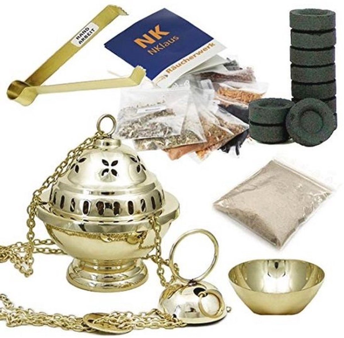 Wierookbrander Goud 14-delig Set met Wierook, Hars, Houtskool, Tang en Wierookzand