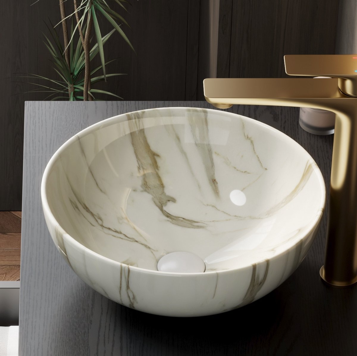 Waskom Rond 36 Cm – Keramiek Met Steeneffect – Wit – Opbouwmontage Zonder Kraan En Zonder Onderbouwkast Voor De Badkamer