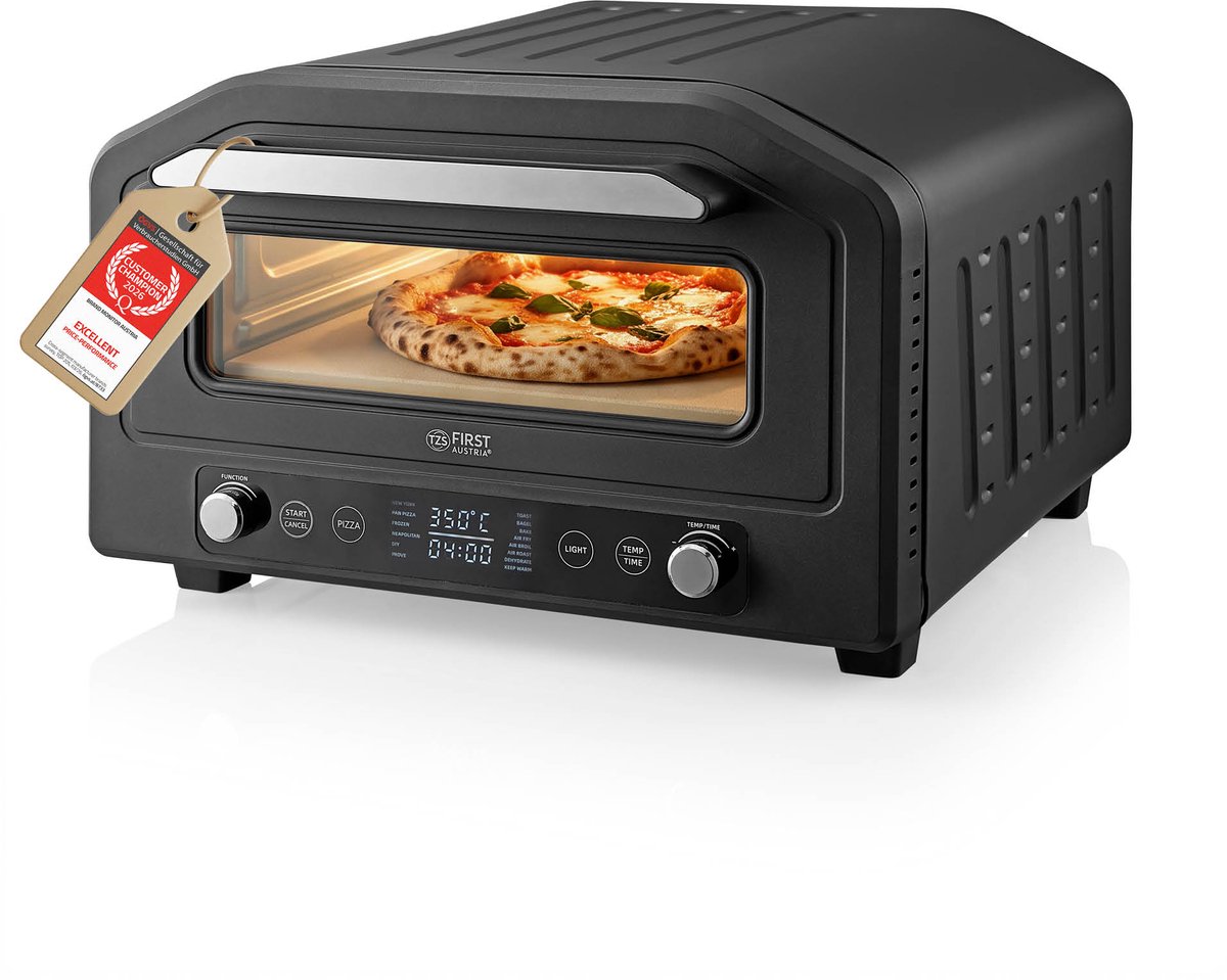 Pizzaoven 18L TZS First Austria - 400°C - 6 Pizza-Programma's & 8 Functies Touchtoetsen & Draaiknop, 1700W Vermogen, Kleur Zwart, Incl. Pizzasteen, Pizzaschep en Frituurmand