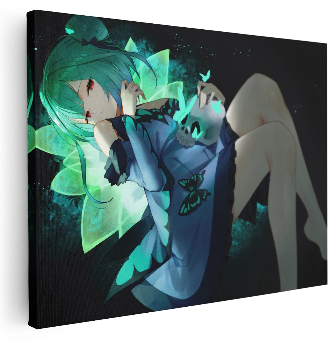 Artaza Canvas Schilderij Anime Vrouw met Schedel - 160x120 cm - Groot - Wanddecoratie Groene Vlinders - Muurdecoratie Dark Art - Schilderijen Op Canvas
