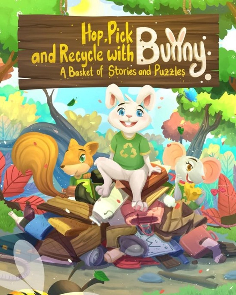 Kleurrijk kinderboek over recycling en puzzels met een speelse konijn