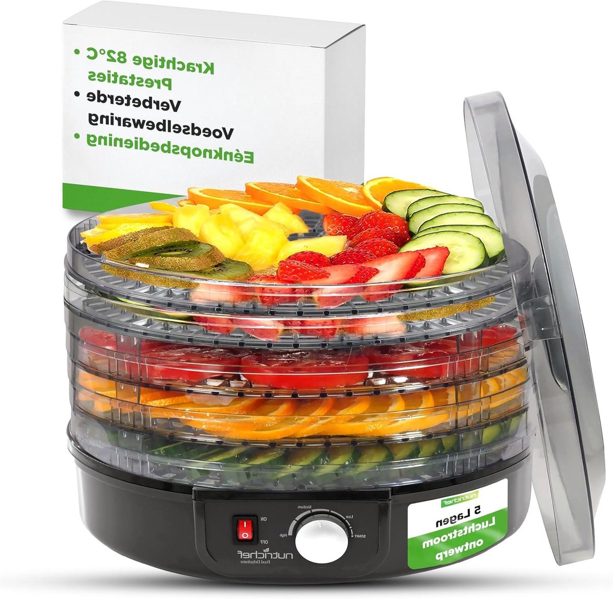 Voedseldehydrator 5 Niveaus - Voedseldroger - Gezonde Snacks Maken - Gelijkmatige Warmte - 33 x 33 x 19.5 cm - Zwart