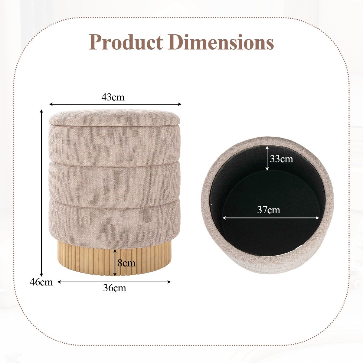 SureDeal® - Poef - Moderne Ronde - Opbergruimte Massief Houten - Multifunctionele Gestoffeerde Zitting - 43x46 cm - Beige