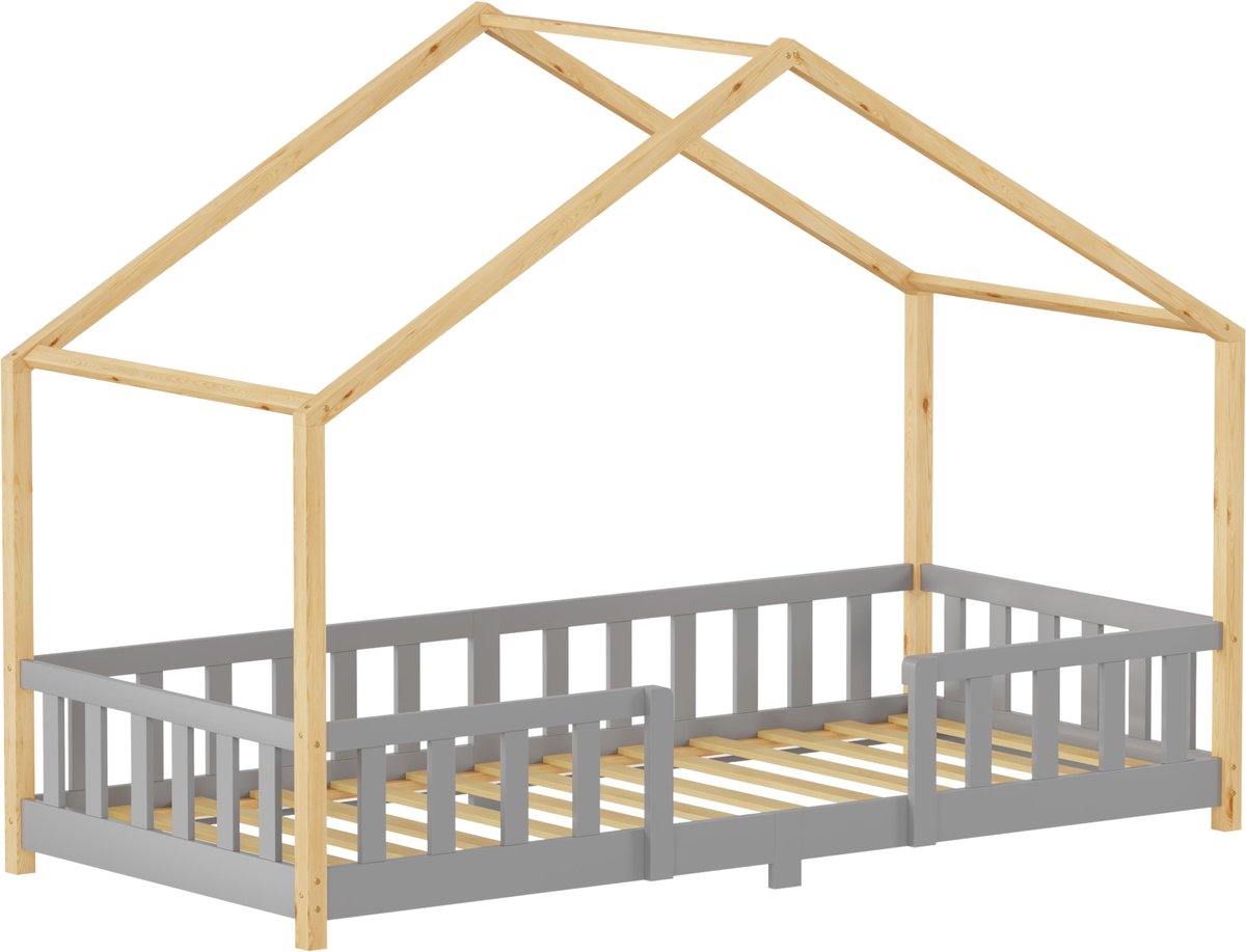 Kinderbed Treviolo huisbed 90x200 cm lichtgrijs en naturel [en.casa]