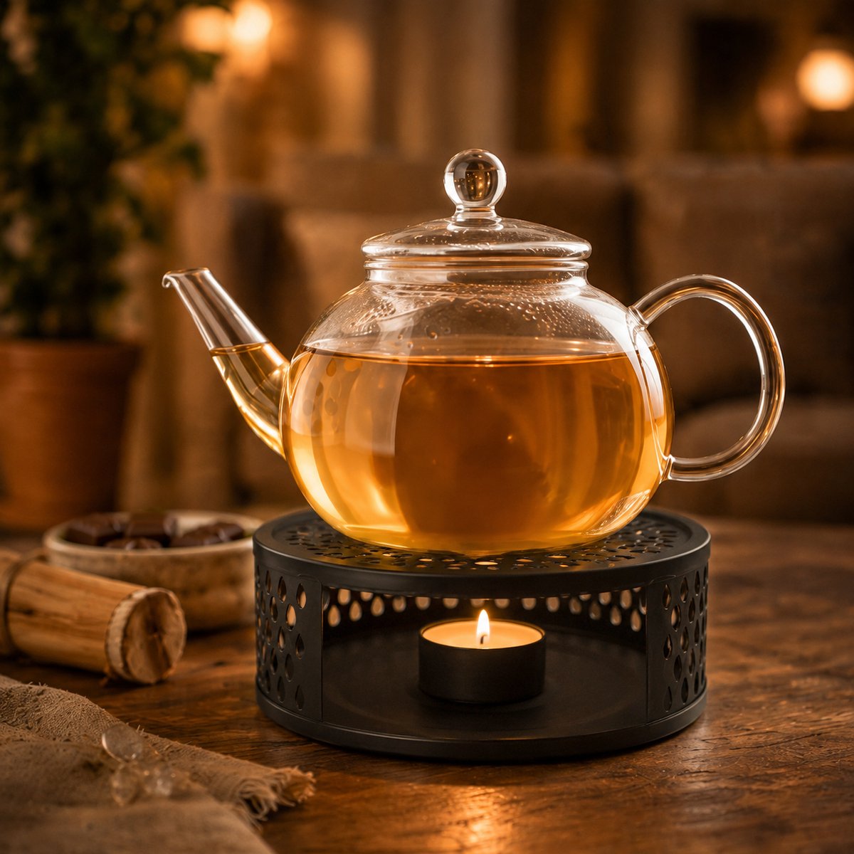Creano glazen theepot 1,6l met rvs filter en zwart theelicht "Leaf" — cadeau in Koken & Dineren - foto 6
