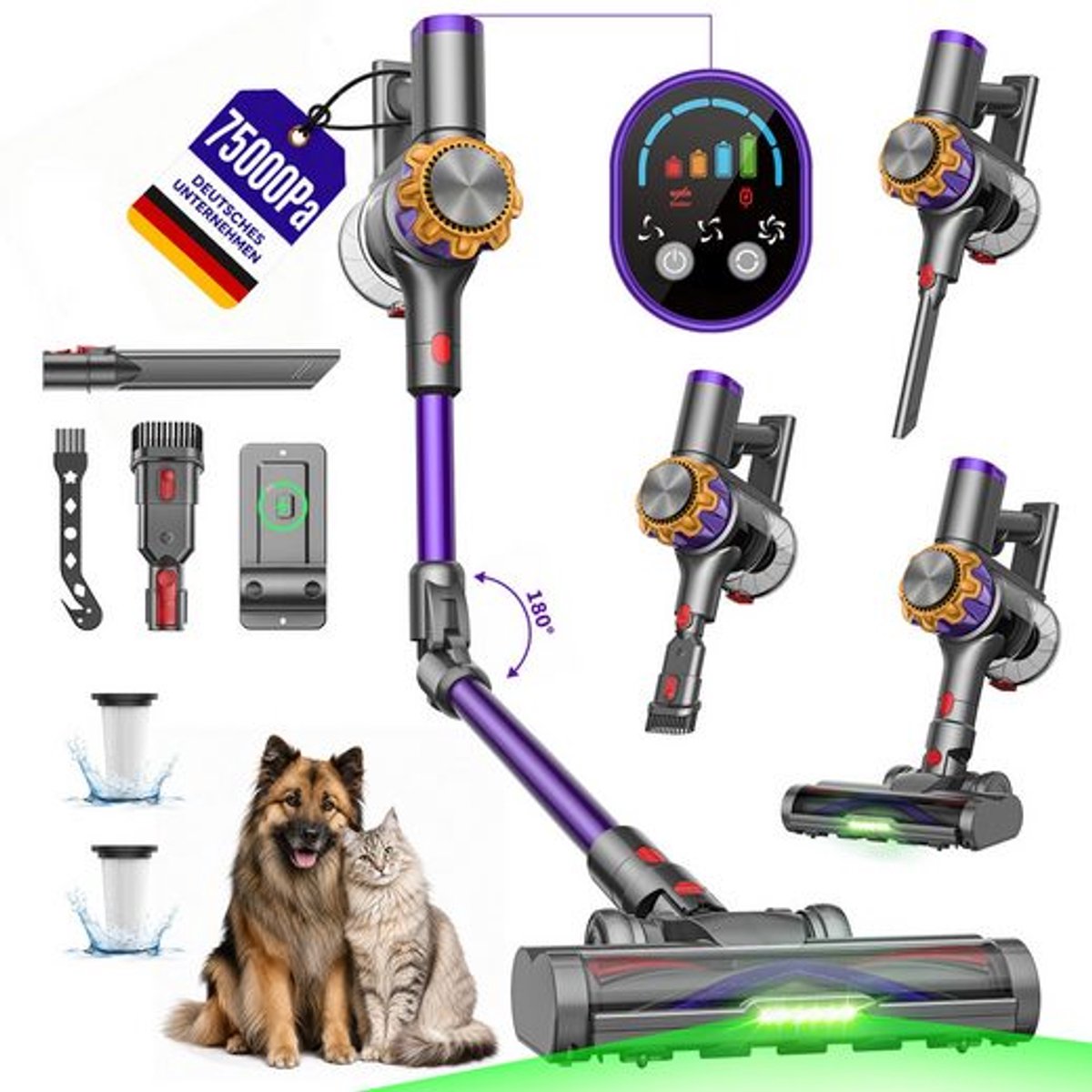 FOSMET Draadloze Hand & Steelstofzuiger - 75000Pa / 600W / 70 Min - Accustofzuiger Zonder Zak - Zelfstandig Staand - Flexibel Buiggewricht - 1,2L Reservoir - Anti-Tangle - Groene LED - Voor Harde Vloeren, Tapijt, Dierenharen & Auto