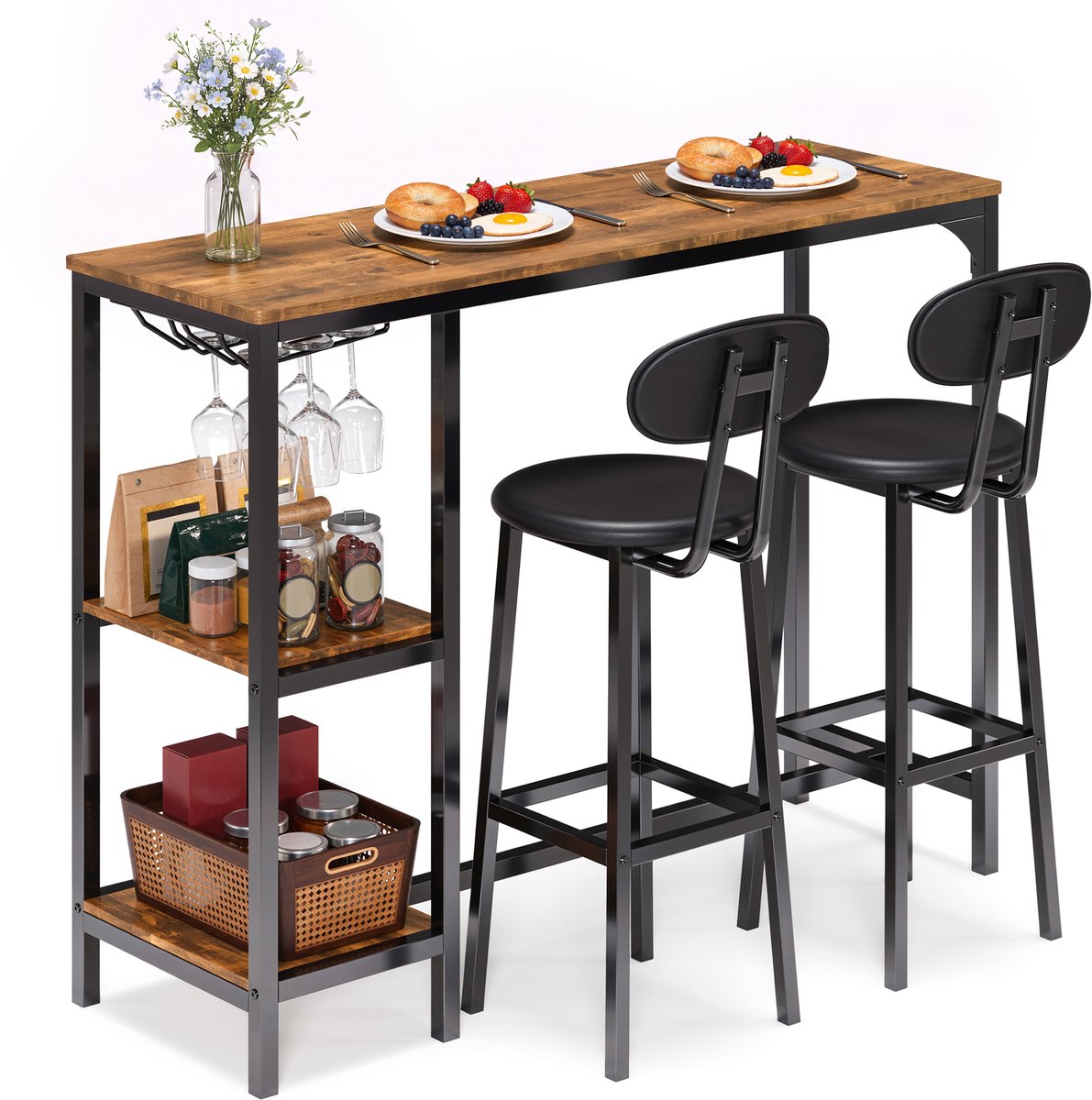 Xbro Bartafelset met 2 Barkrukken met Rugleuning – Industriële Bartafel met 2 Planken en Glashouder – Ideaal voor Keuken, Woonkamer en Eetkamer – Retro