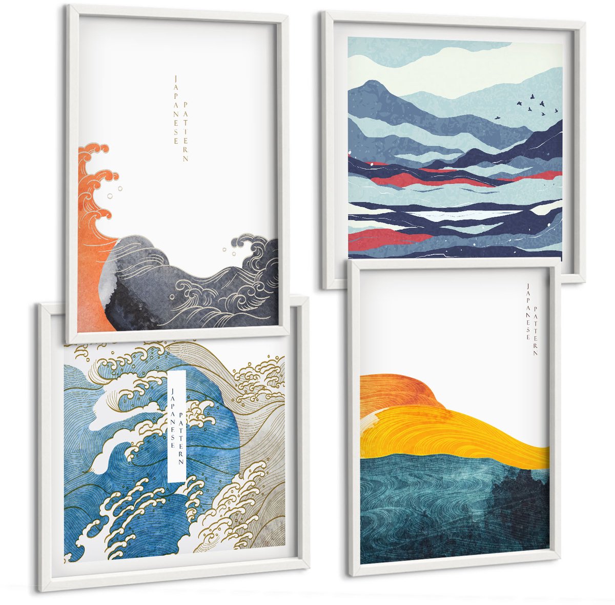Wallfluent 4-Delige Schilderij Set - Golven En Kunst In Japanse Grafische Stijl - 40 x 40 En 40 x 60 - Stijlvolle Wanddecoratie - Interieur - Interieur Decoratie
