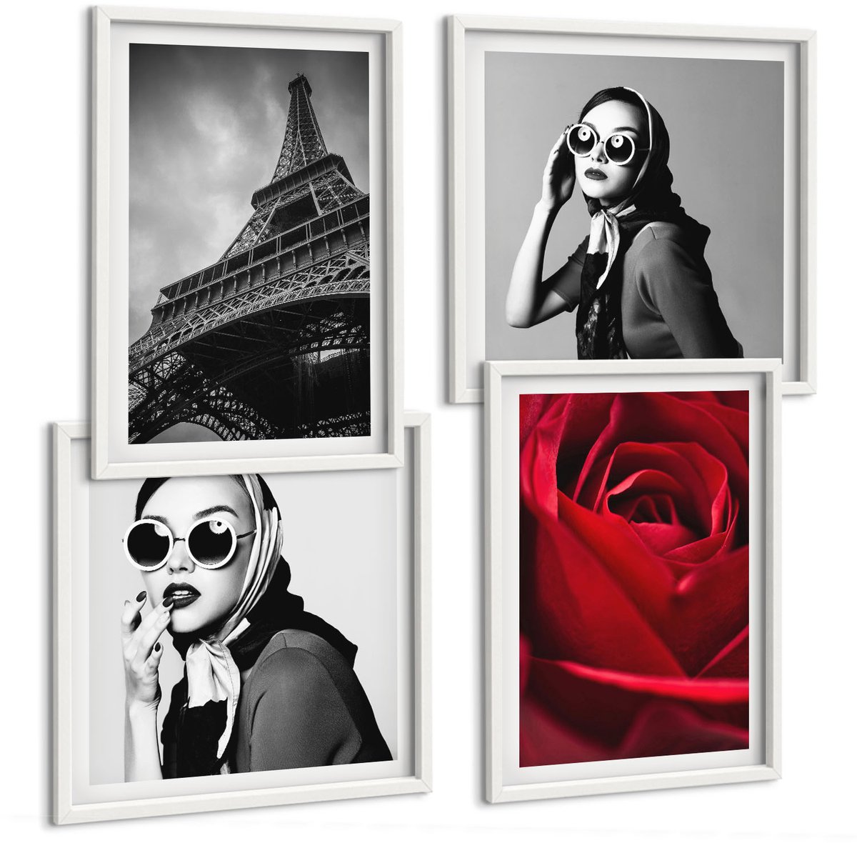 Wallfluent 4-Delige Schilderij Set - Parijse Vrouw Met Bril, Roos En Eiffeltoren - 40 x 40 En 40 x 60 - Stijlvolle Muurdecoratie - Slaapkamer - Interieur Decoratie